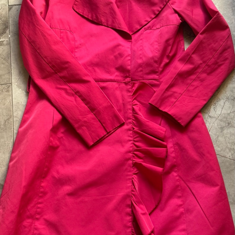 Black Rivet Hot Pink Trench Coat with Ruffle Detail